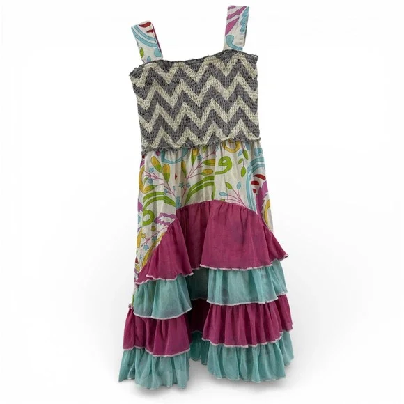 Mustard Pie Girls Size 7 Mixed Print Smocked Chevron Floral Ruffle Dress - Picture 3 of 6